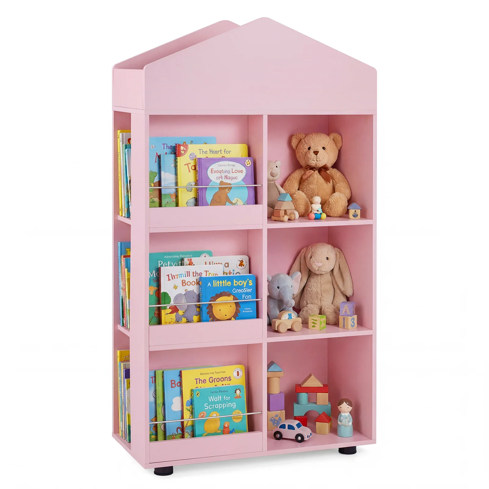 Wooden Kids Bookshelf and Toy Storage, Toddler Dollhouse Bookcase with Multiple Compartments - Image 10