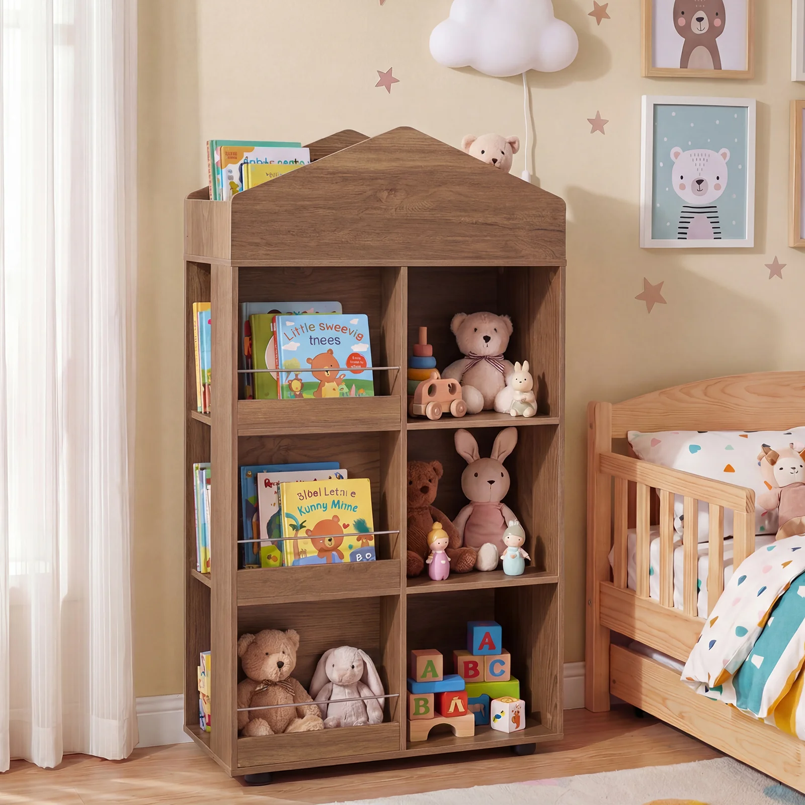 Wooden Kids Bookshelf and Toy Storage, Toddler Dollhouse Bookcase with Multiple Compartments - Image 2