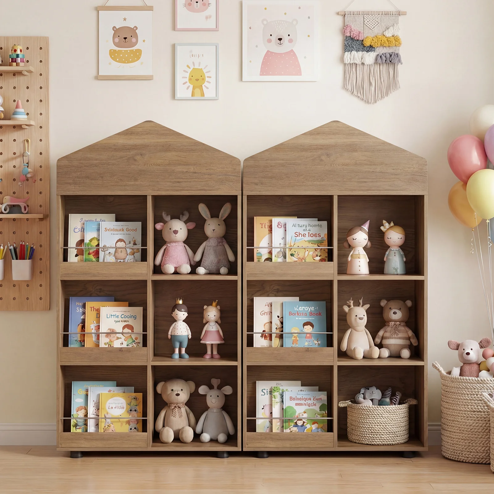 Wooden Kids Bookshelf and Toy Storage, Toddler Dollhouse Bookcase with Multiple Compartments - Image 3