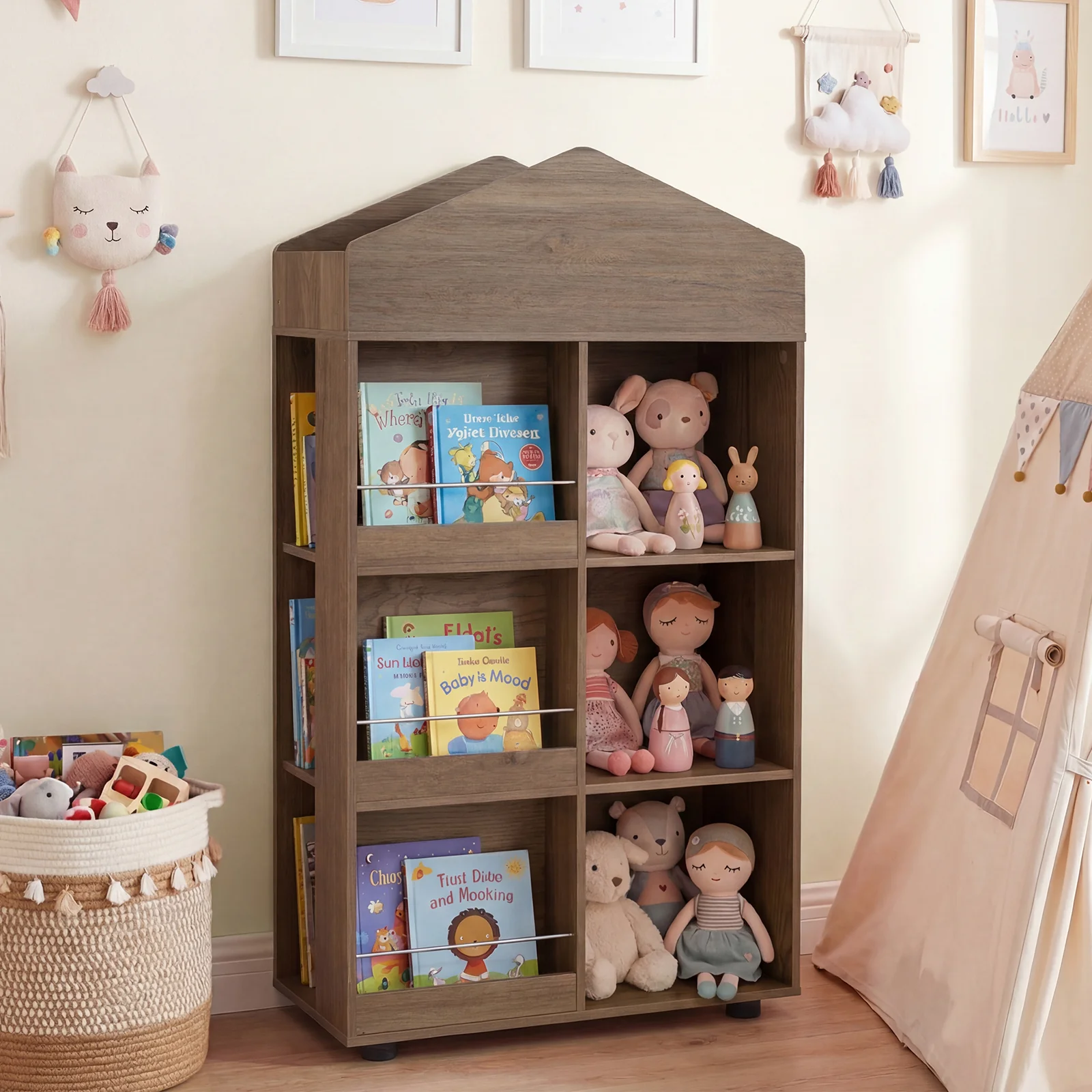 Wooden Kids Bookshelf and Toy Storage, Toddler Dollhouse Bookcase with Multiple Compartments - Image 4
