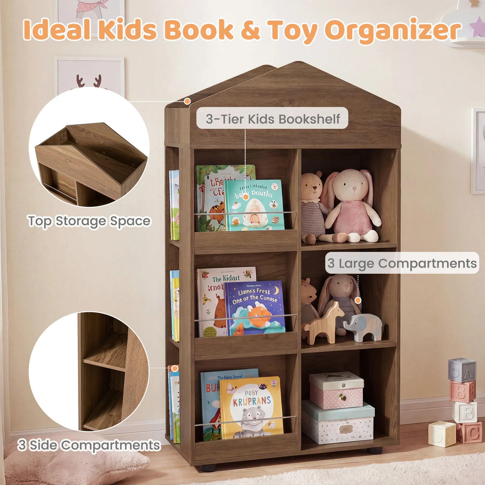 Wooden Kids Bookshelf and Toy Storage, Toddler Dollhouse Bookcase with Multiple Compartments - Image 5