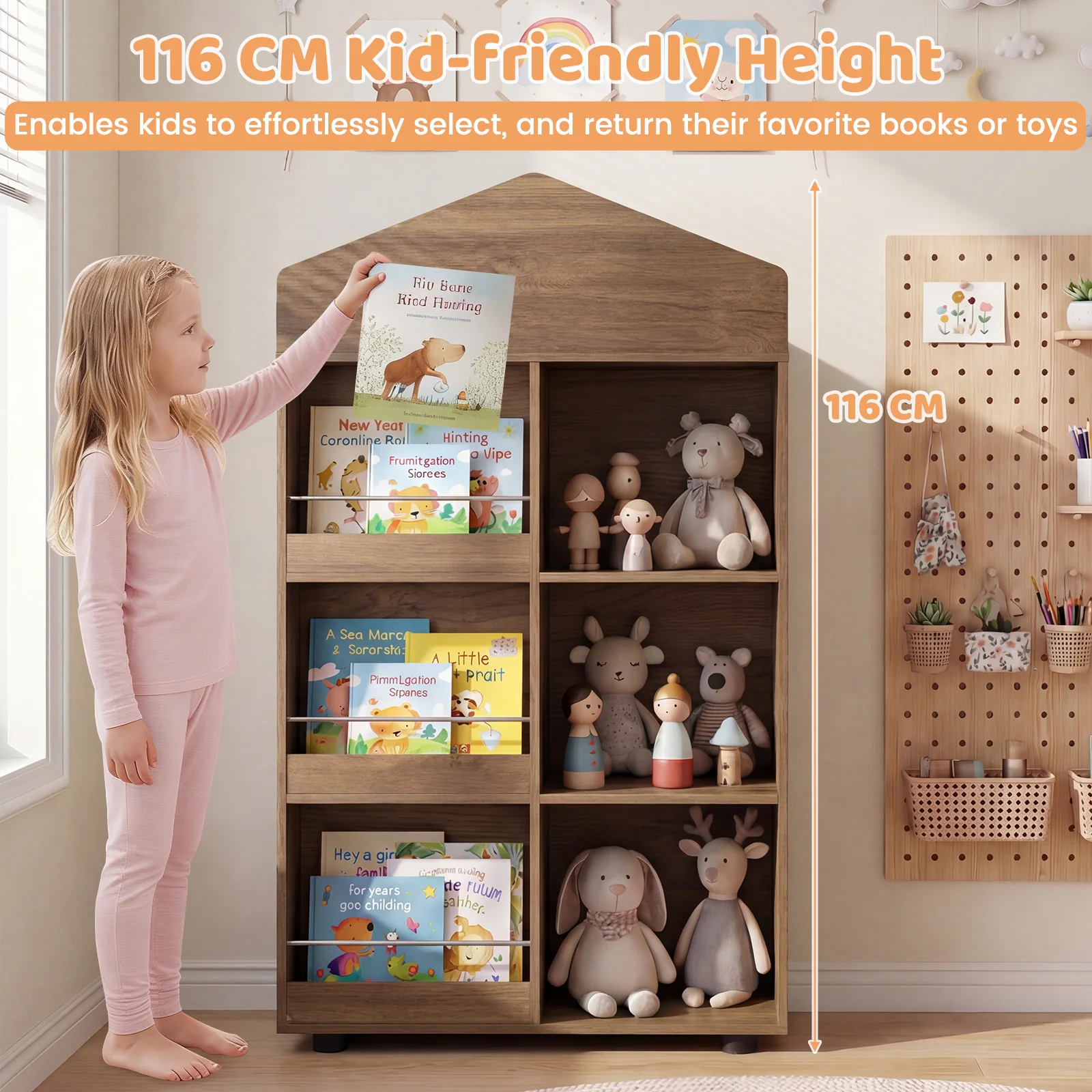 Wooden Kids Bookshelf and Toy Storage, Toddler Dollhouse Bookcase with Multiple Compartments - Image 6