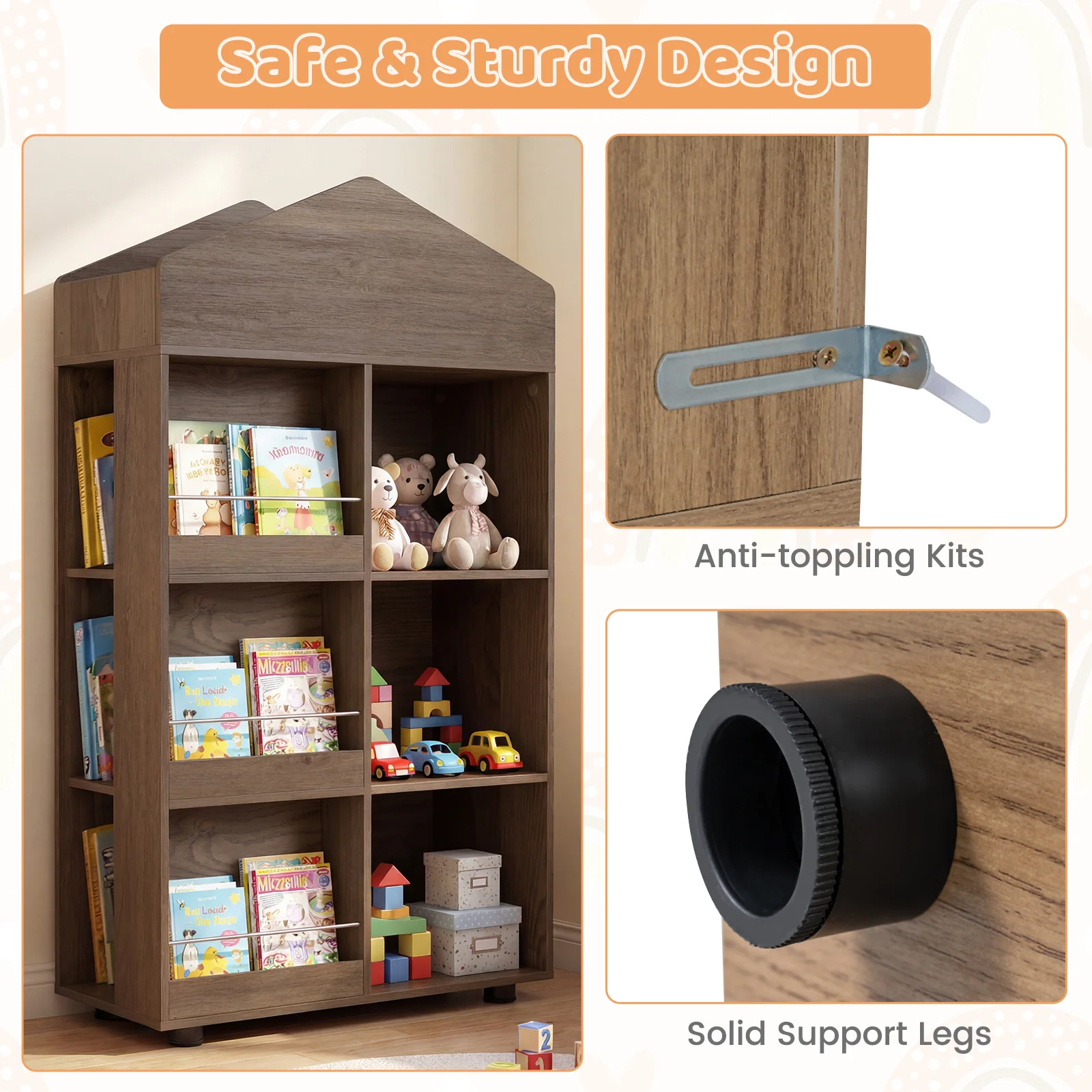 Wooden Kids Bookshelf and Toy Storage, Toddler Dollhouse Bookcase with Multiple Compartments - Image 7