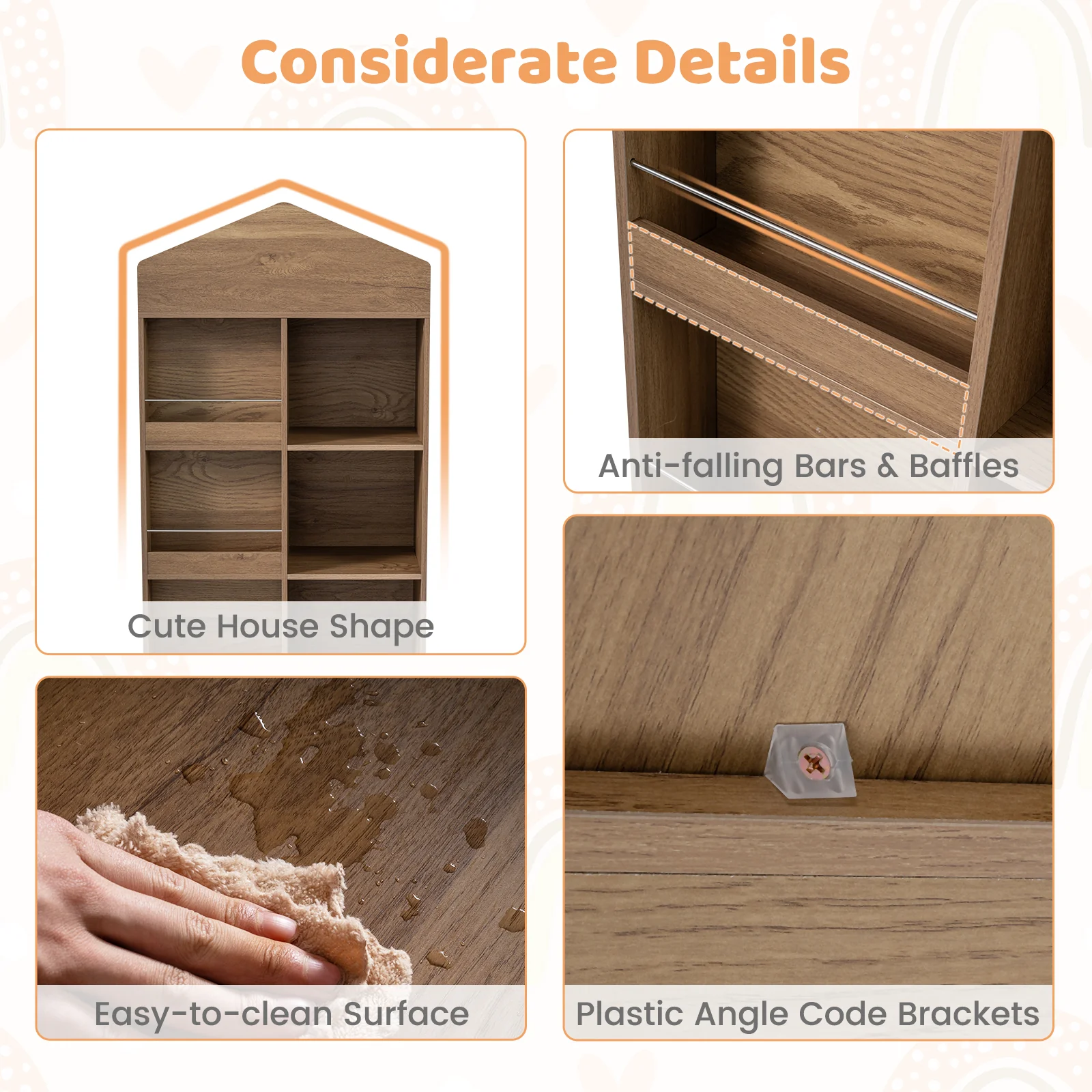 Wooden Kids Bookshelf and Toy Storage, Toddler Dollhouse Bookcase with Multiple Compartments - Image 8