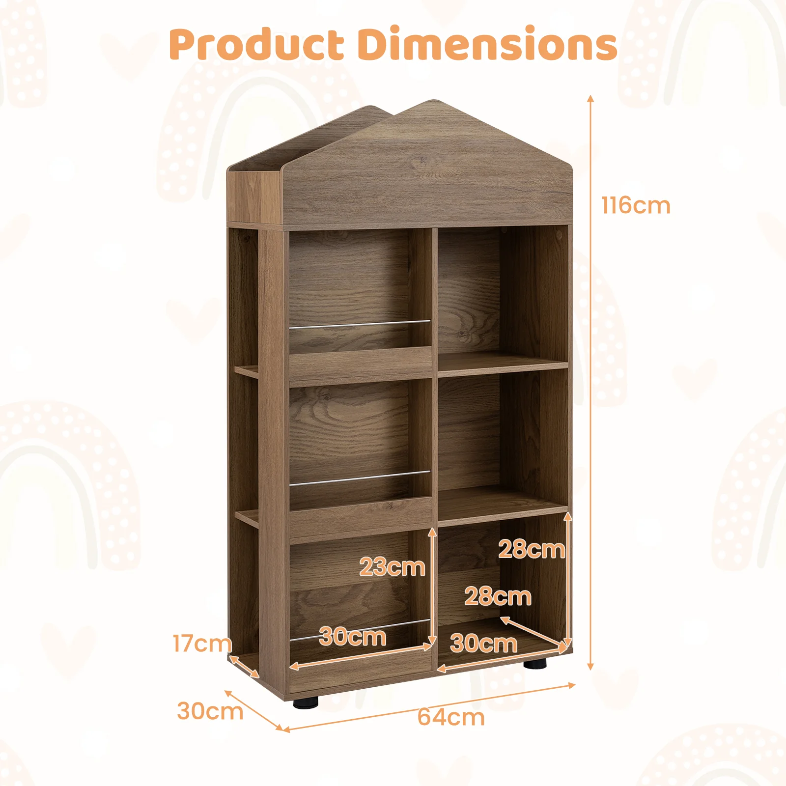 Wooden Kids Bookshelf and Toy Storage, Toddler Dollhouse Bookcase with Multiple Compartments - Image 9