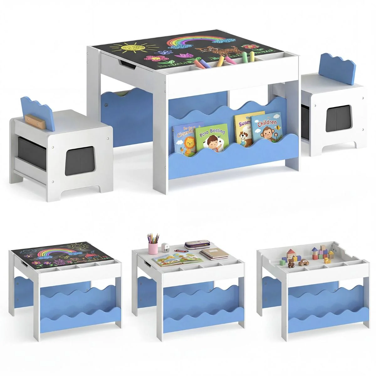 Wooden Kids Table and Chairs Set Multi-purpose Activity Table Set with Tabletop - Image 10