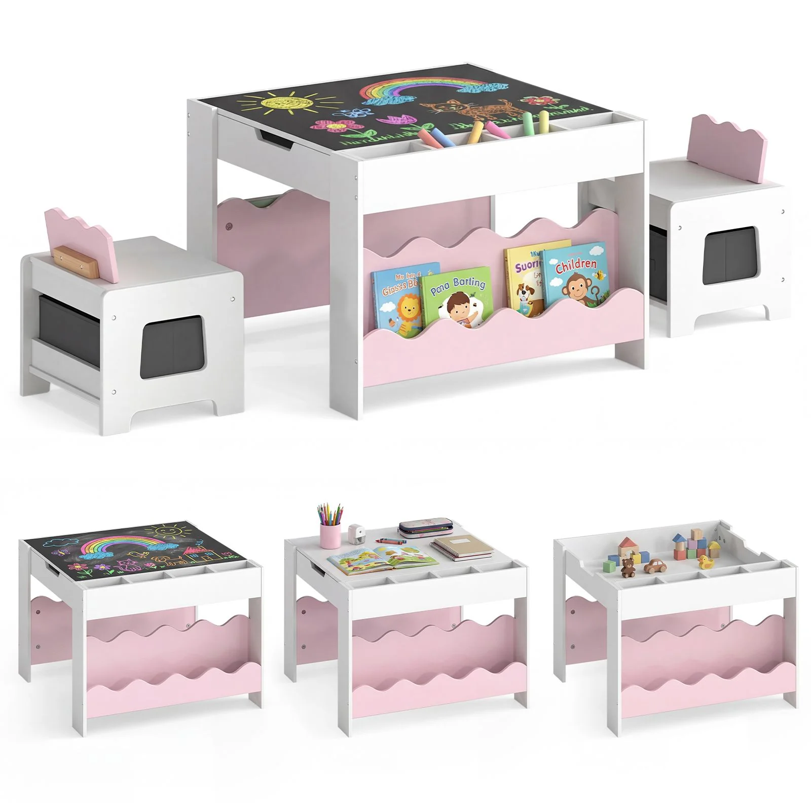 Wooden Kids Table and Chairs Set Multi-purpose Activity Table Set with Tabletop - Image 11