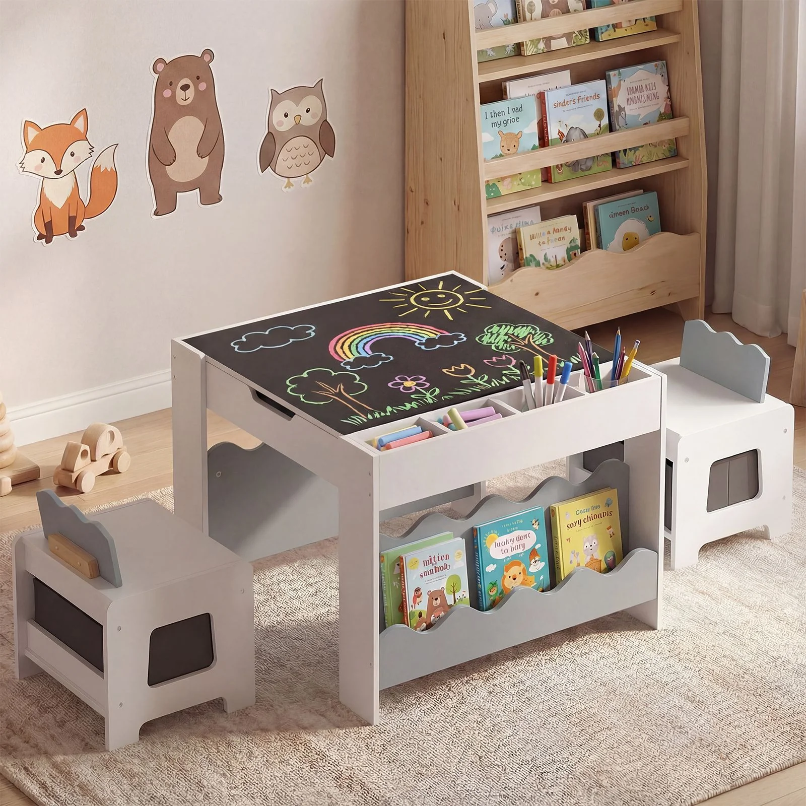 Wooden Kids Table and Chairs Set Multi-purpose Activity Table Set with Tabletop - Image 2