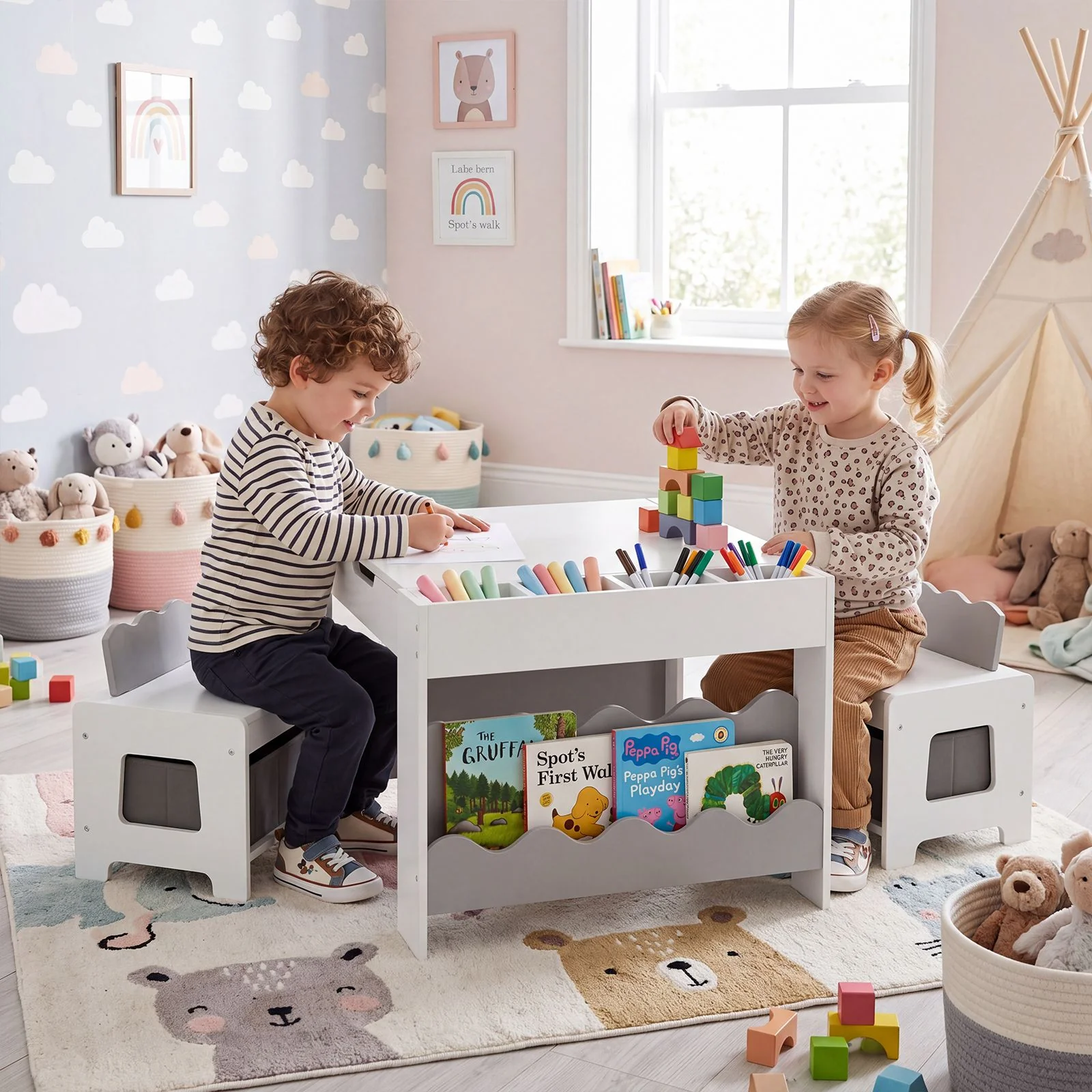 Wooden Kids Table and Chairs Set Multi-purpose Activity Table Set with Tabletop - Image 3