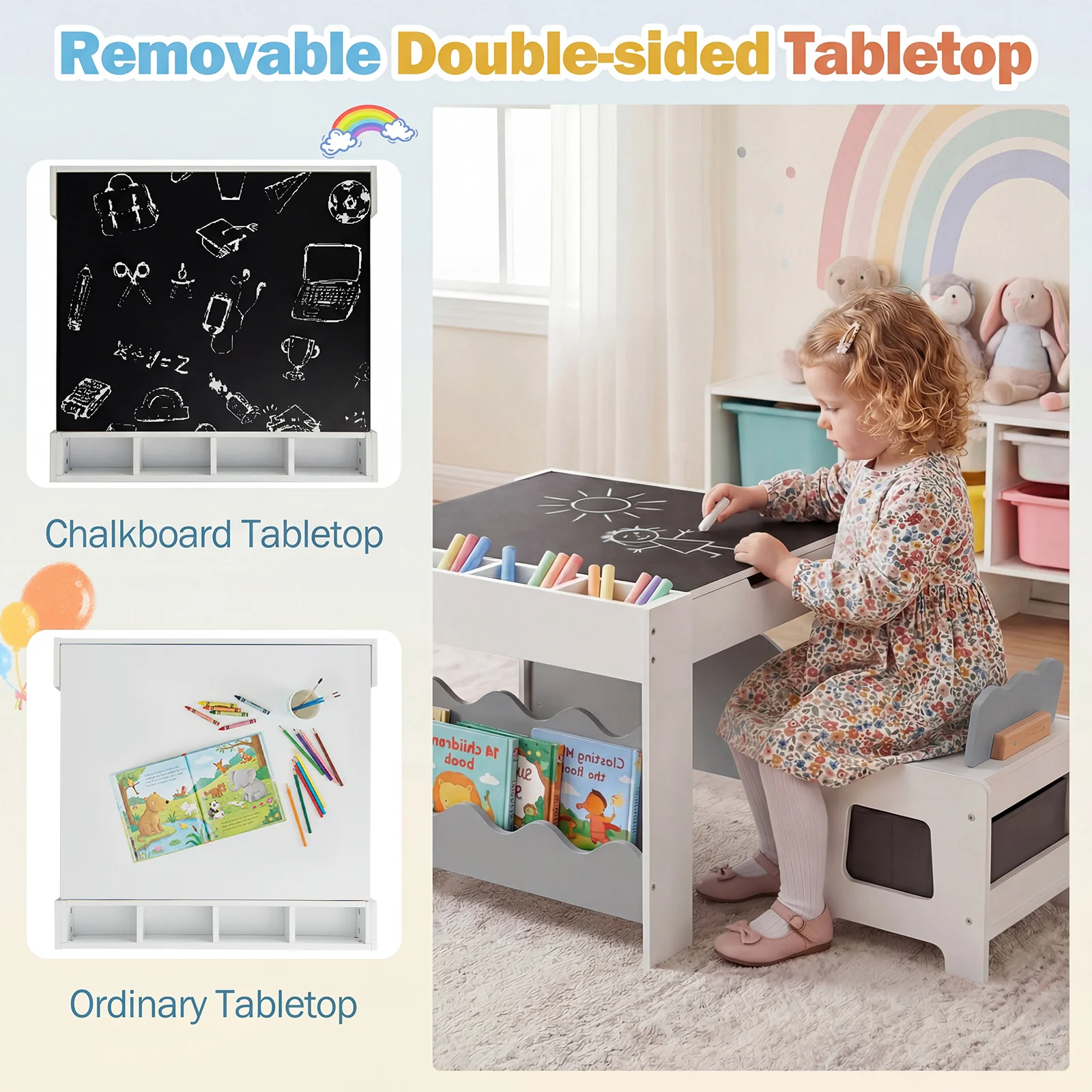 Wooden Kids Table and Chairs Set Multi-purpose Activity Table Set with Tabletop - Image 7