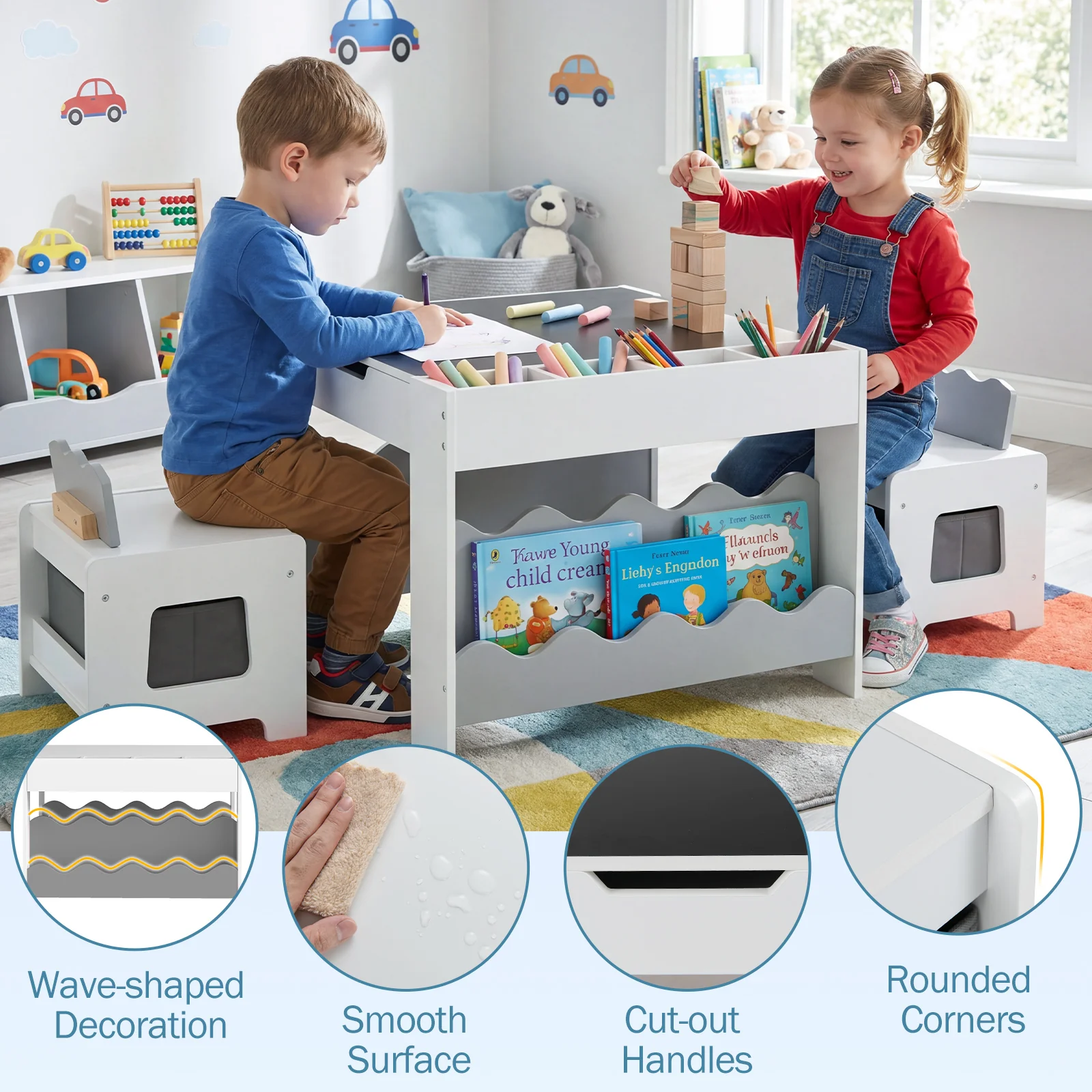 Wooden Kids Table and Chairs Set Multi-purpose Activity Table Set with Tabletop - Image 9