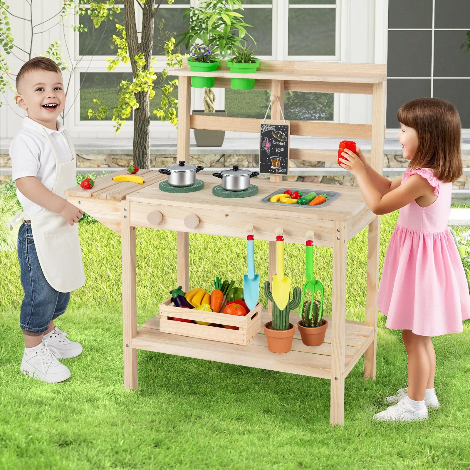 Wooden Kitchen Playset with Stoves and Flowerpots for Boys Girls 3+ - Image 2