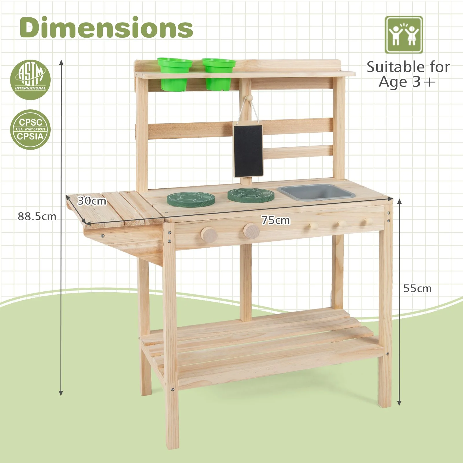 Wooden Kitchen Playset with Stoves and Flowerpots for Boys Girls 3+ - Image 3