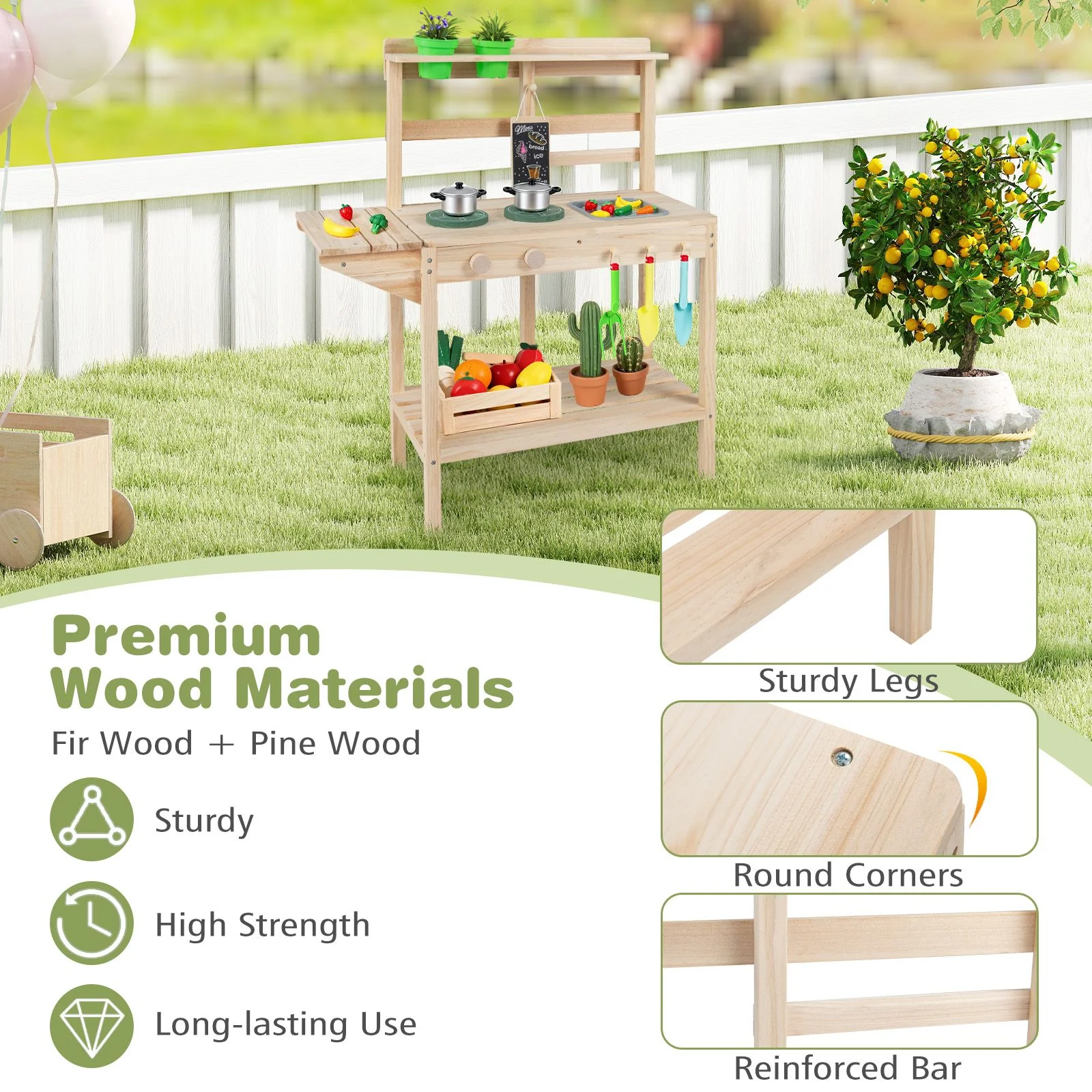 Wooden Kitchen Playset with Stoves and Flowerpots for Boys Girls 3+ - Image 4