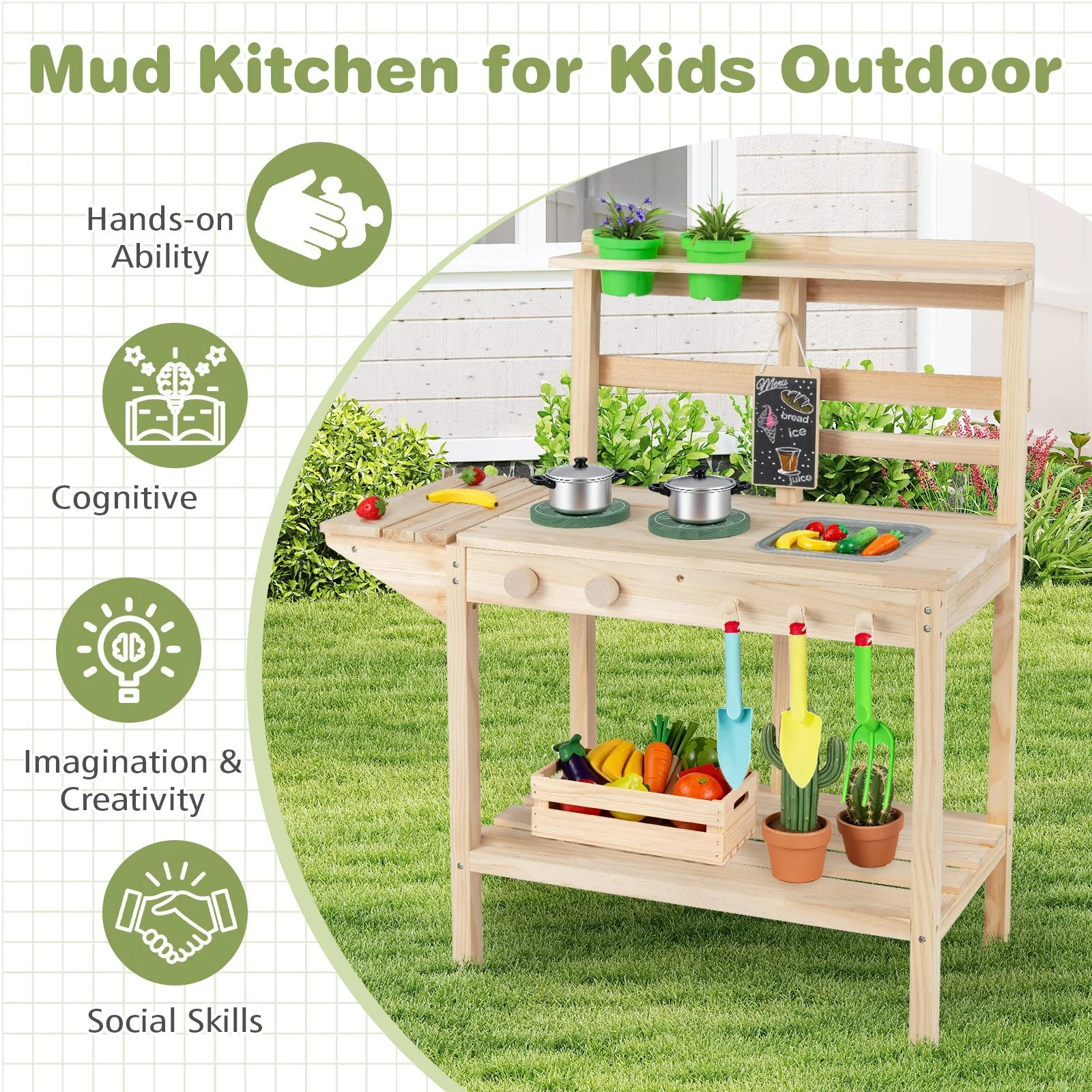 Wooden Kitchen Playset with Stoves and Flowerpots for Boys Girls 3+ - Image 8