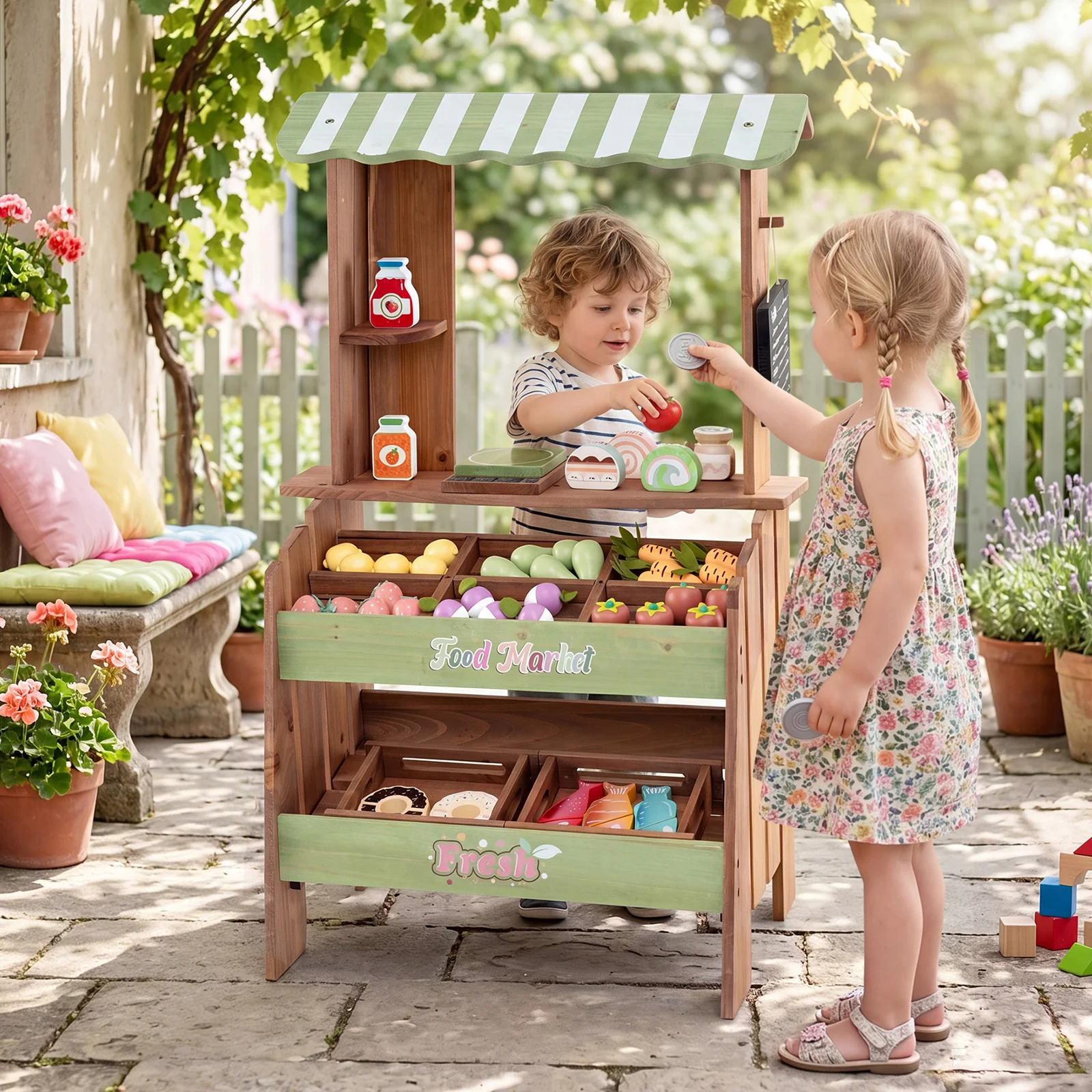 Wooden Mud Grocery Store for Kids, Outdoor & Indoor Farm Market Stand Playset - Image 4