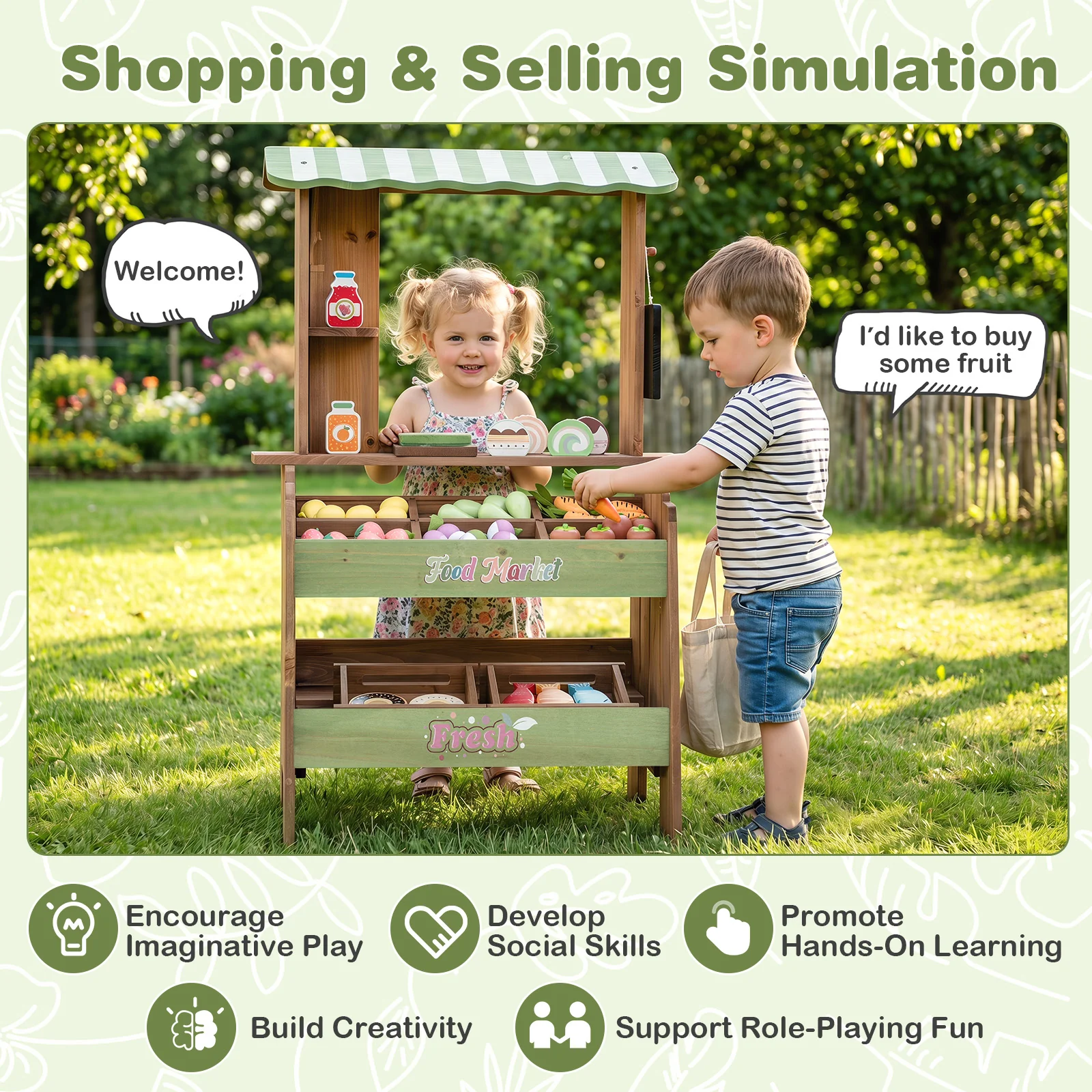 Wooden Mud Grocery Store for Kids, Outdoor & Indoor Farm Market Stand Playset - Image 9