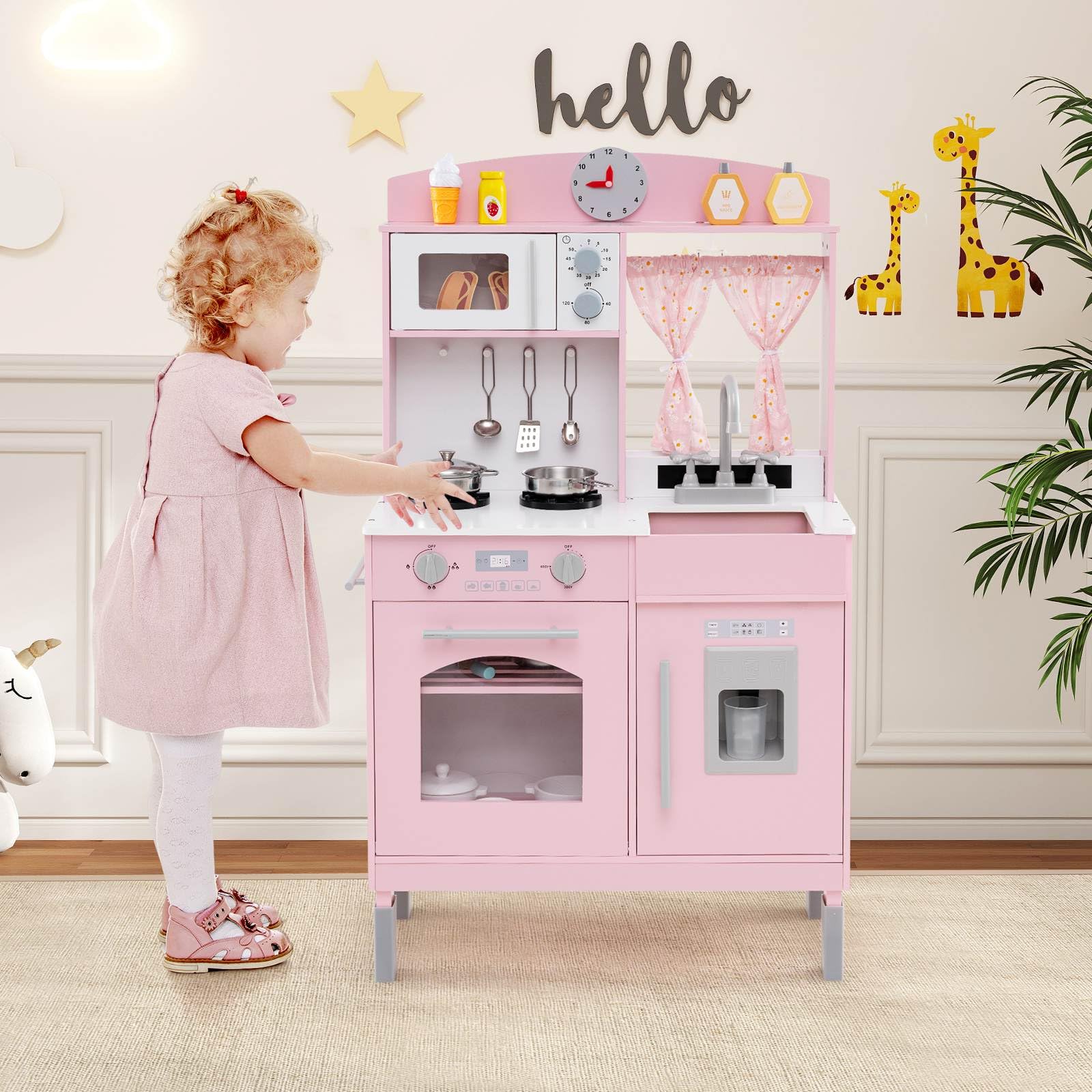 Wooden Play Kitchen for Kids with 3 Adjustable Heights and Stoves and Ice Maker - Image 2