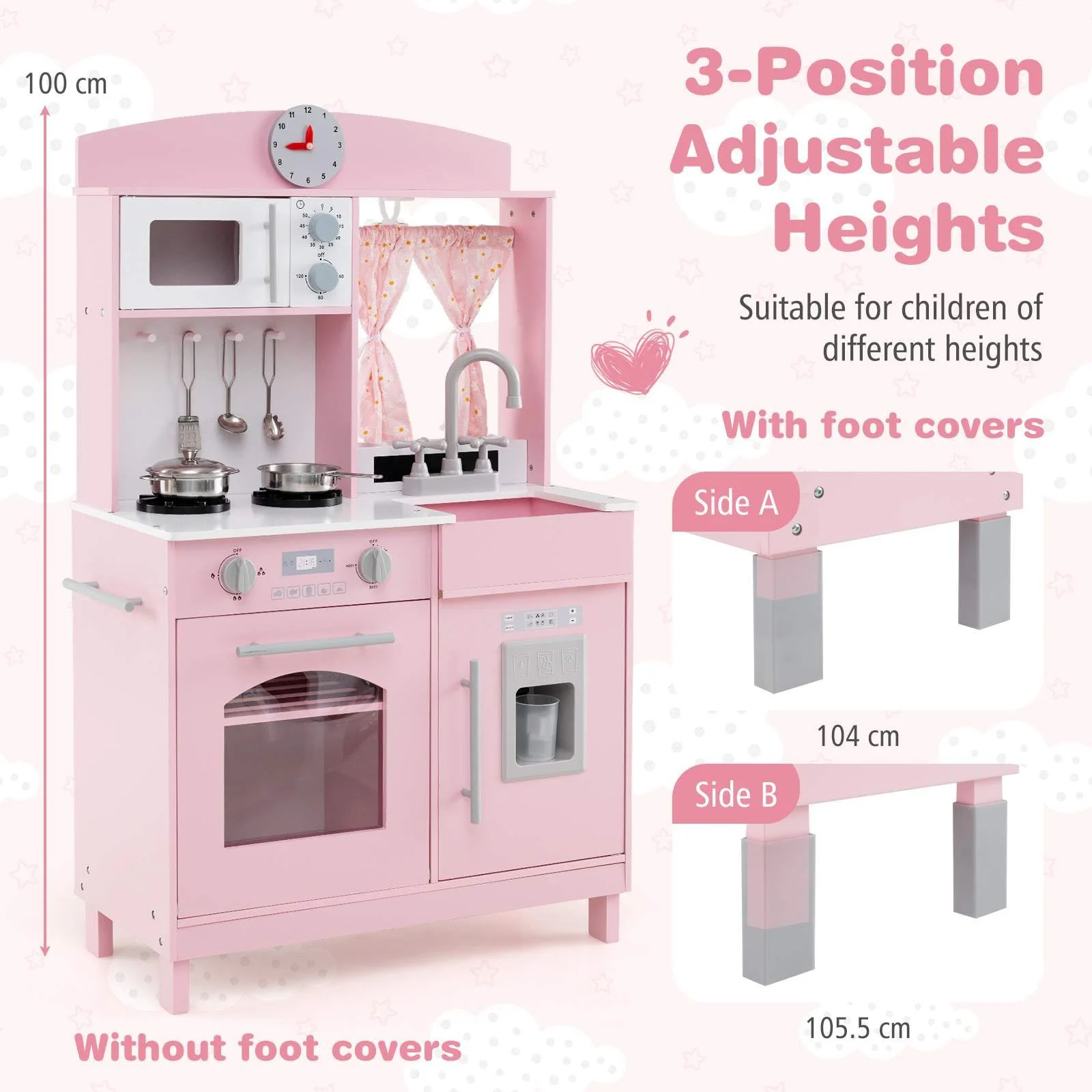 Wooden Play Kitchen for Kids with 3 Adjustable Heights and Stoves and Ice Maker - Image 3