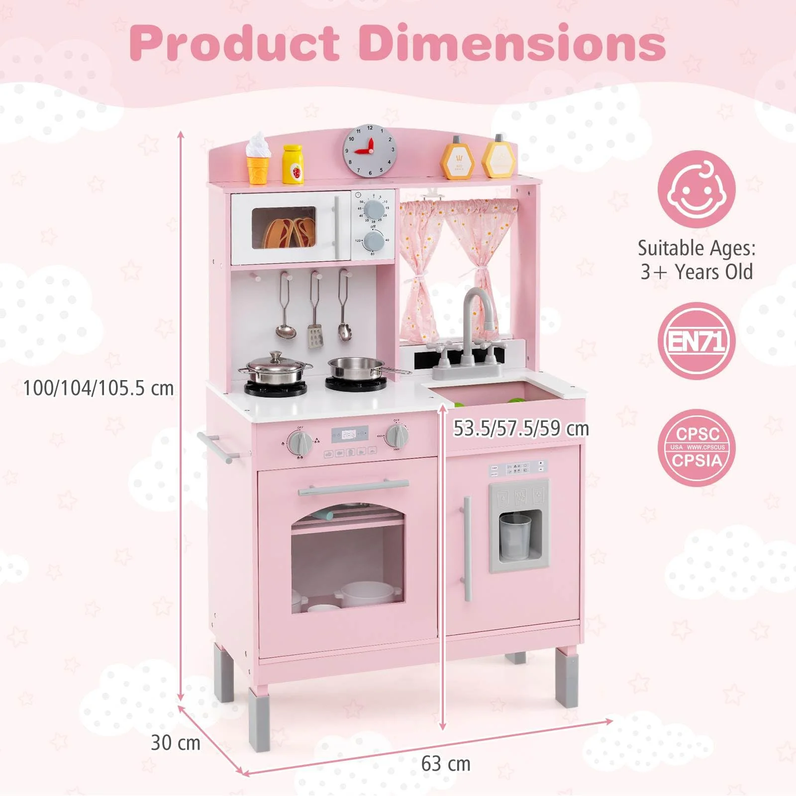 Wooden Play Kitchen for Kids with 3 Adjustable Heights and Stoves and Ice Maker - Image 7