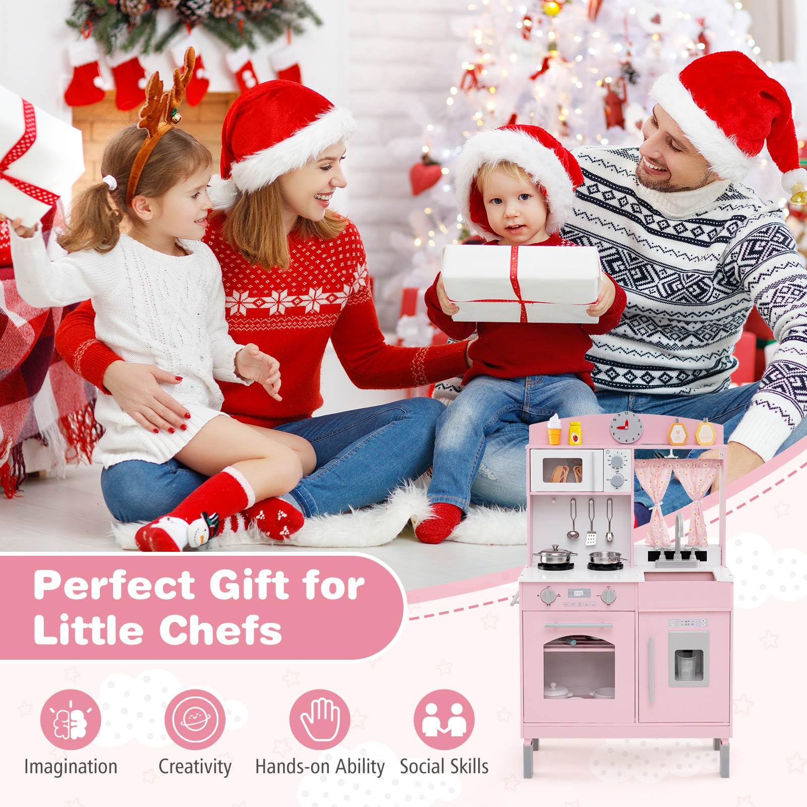 Wooden Play Kitchen for Kids with 3 Adjustable Heights and Stoves and Ice Maker - Image 8