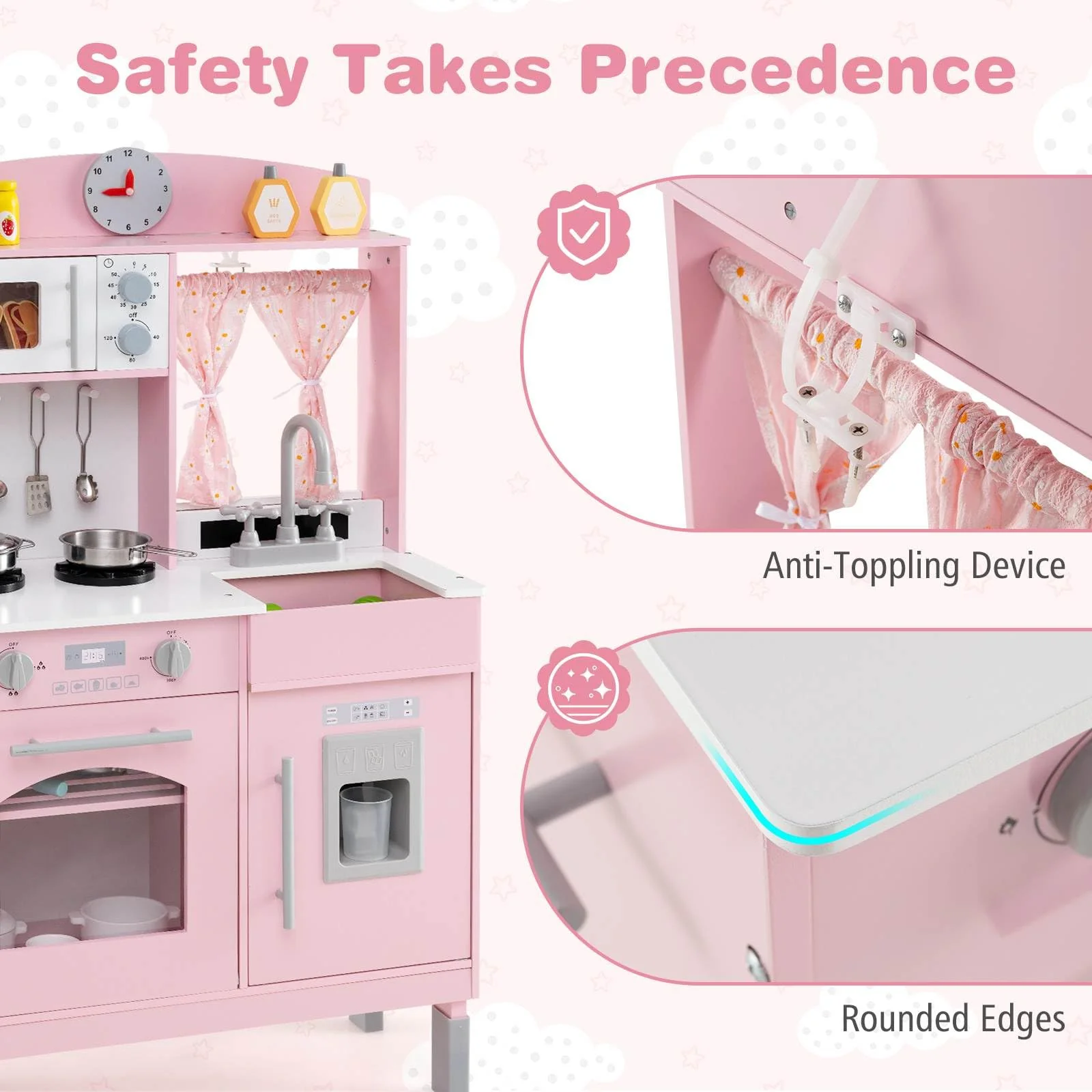 Wooden Play Kitchen for Kids with 3 Adjustable Heights and Stoves and Ice Maker - Image 9