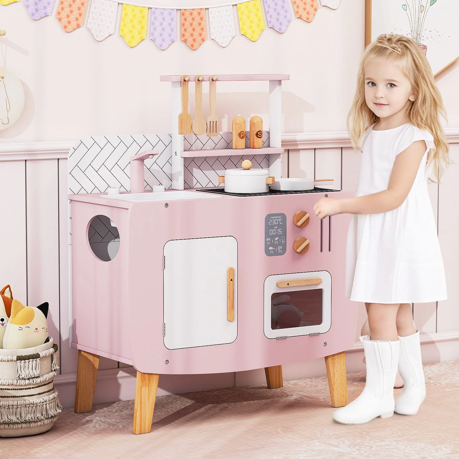 Wooden Play Kitchen with Stove and Cooking Accessories - Image 2