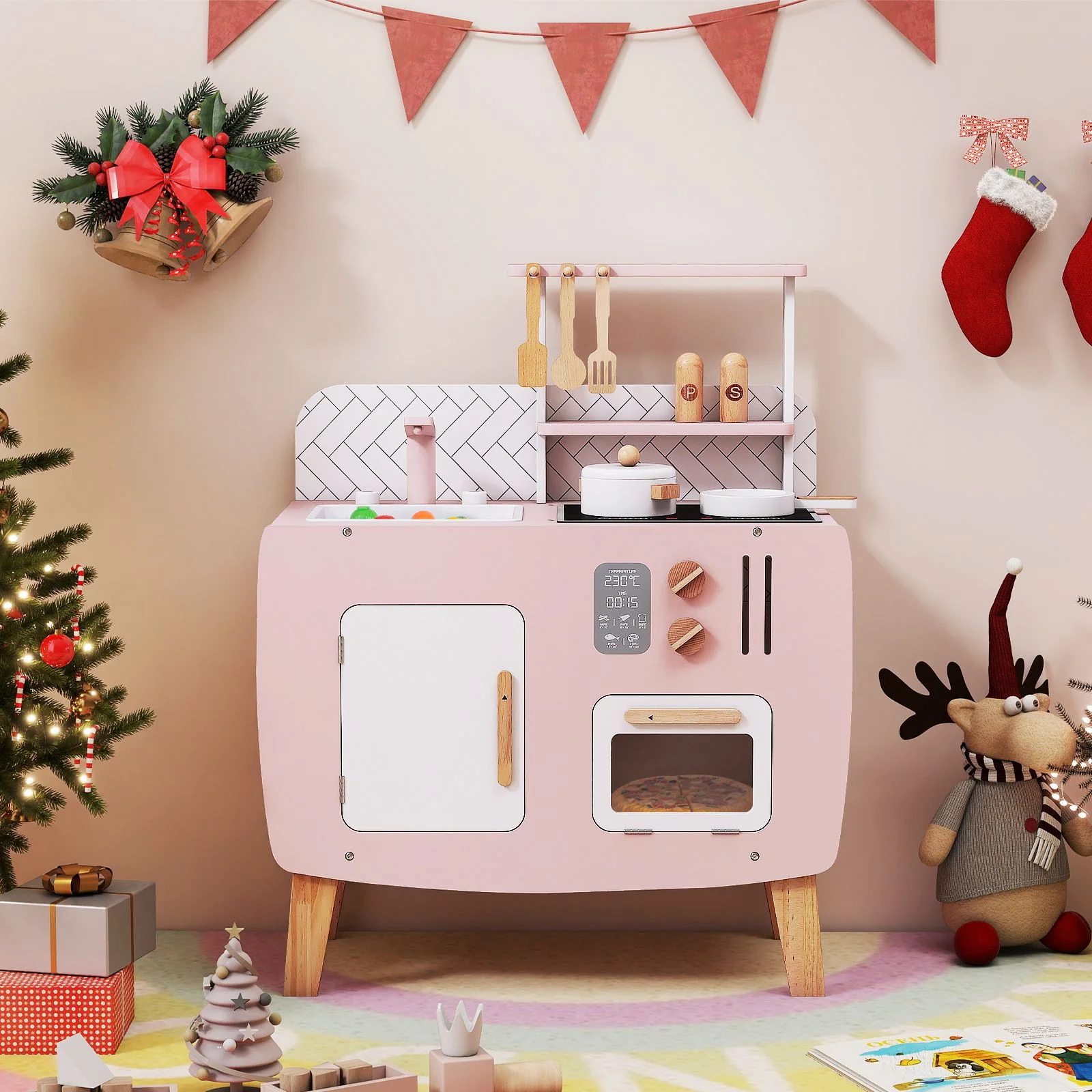 Wooden Play Kitchen with Stove and Cooking Accessories - Image 3