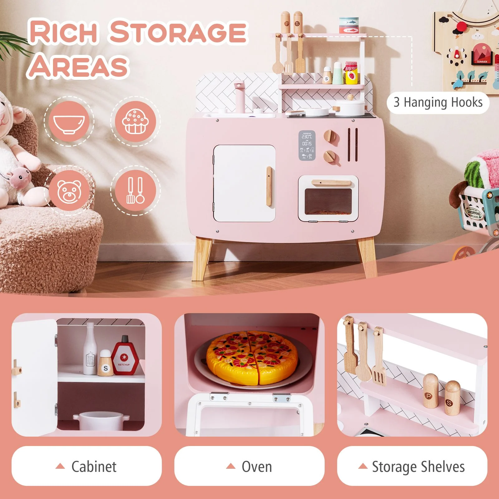 Wooden Play Kitchen with Stove and Cooking Accessories - Image 4