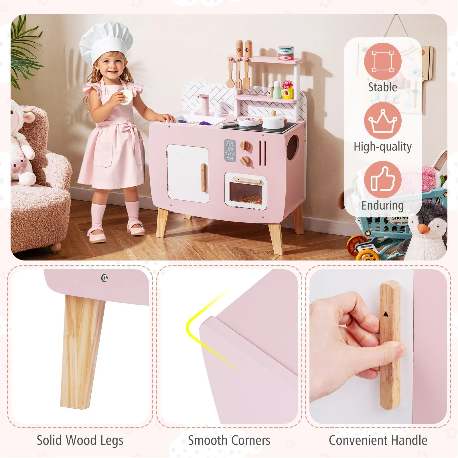 Wooden Play Kitchen with Stove and Cooking Accessories - Image 5