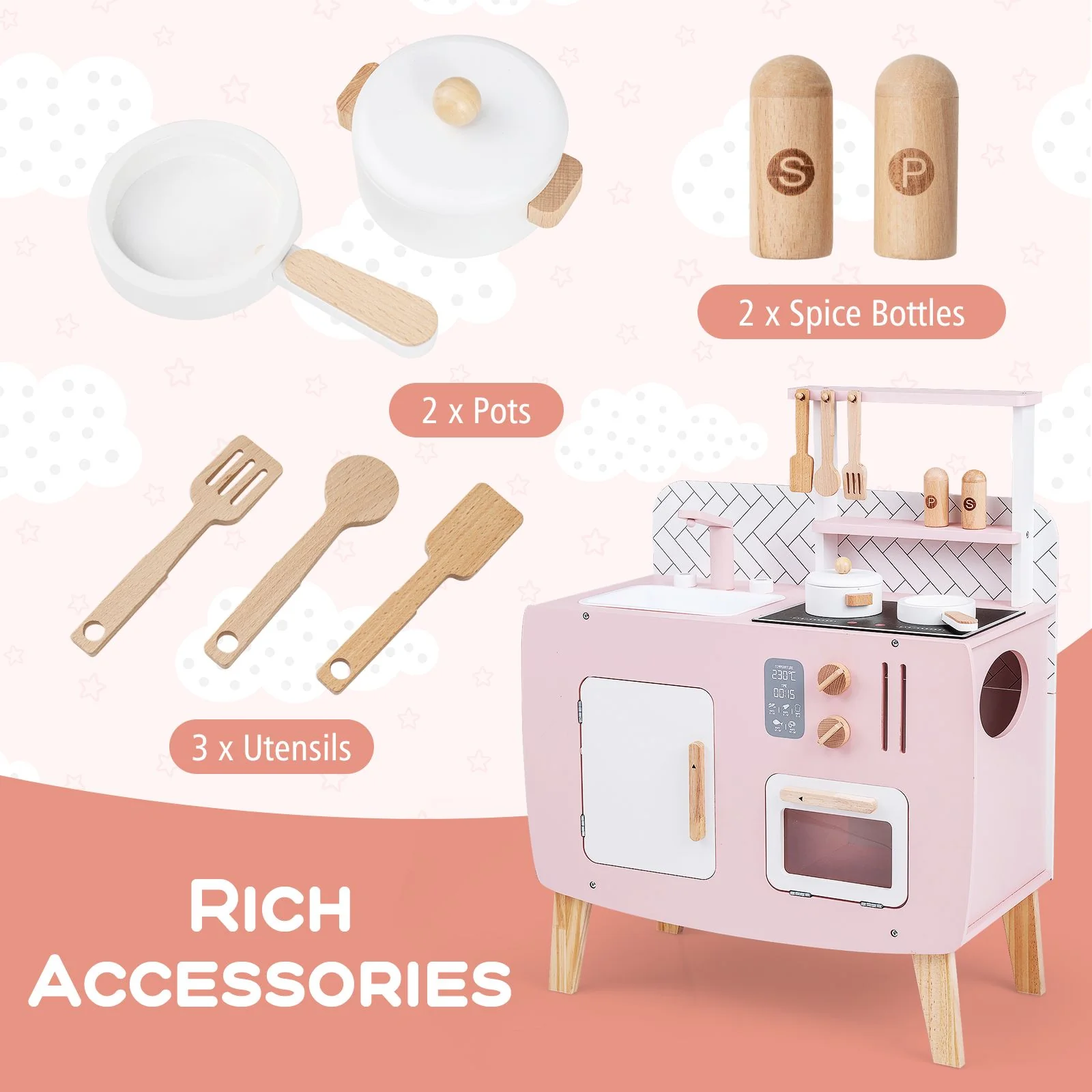 Wooden Play Kitchen with Stove and Cooking Accessories - Image 6