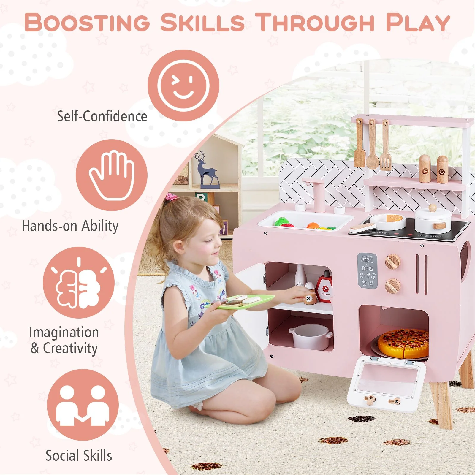 Wooden Play Kitchen with Stove and Cooking Accessories - Image 7