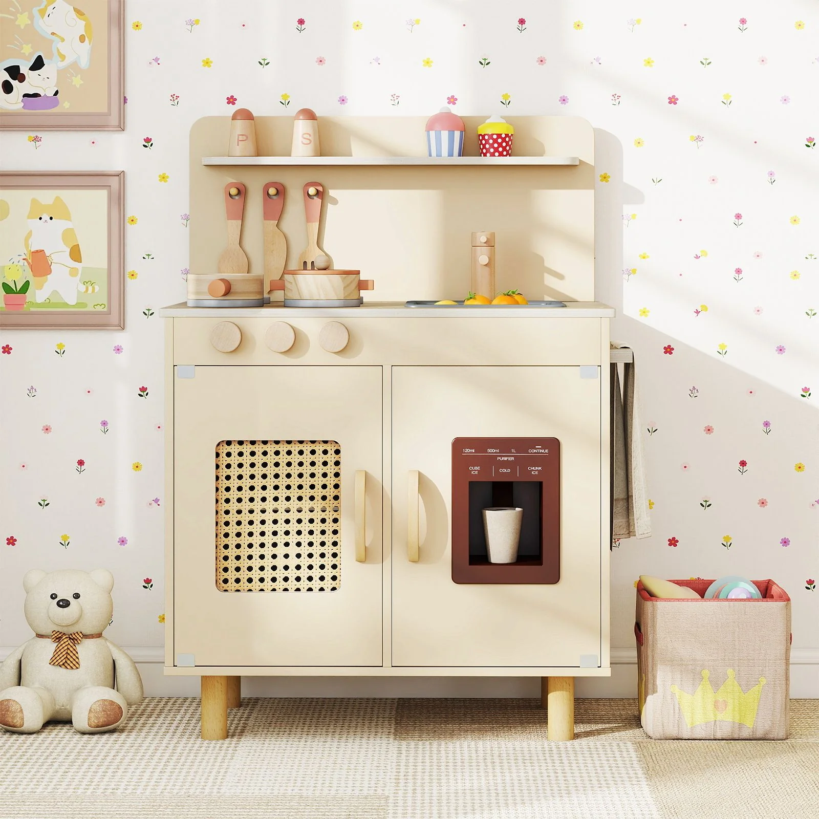 Wooden Pretend Kitchen Playset with Realistic Ice Maker and Accessories - Image 2