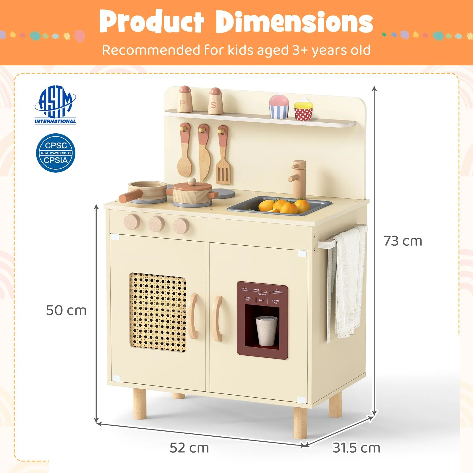 Wooden Pretend Kitchen Playset with Realistic Ice Maker and Accessories - Image 3