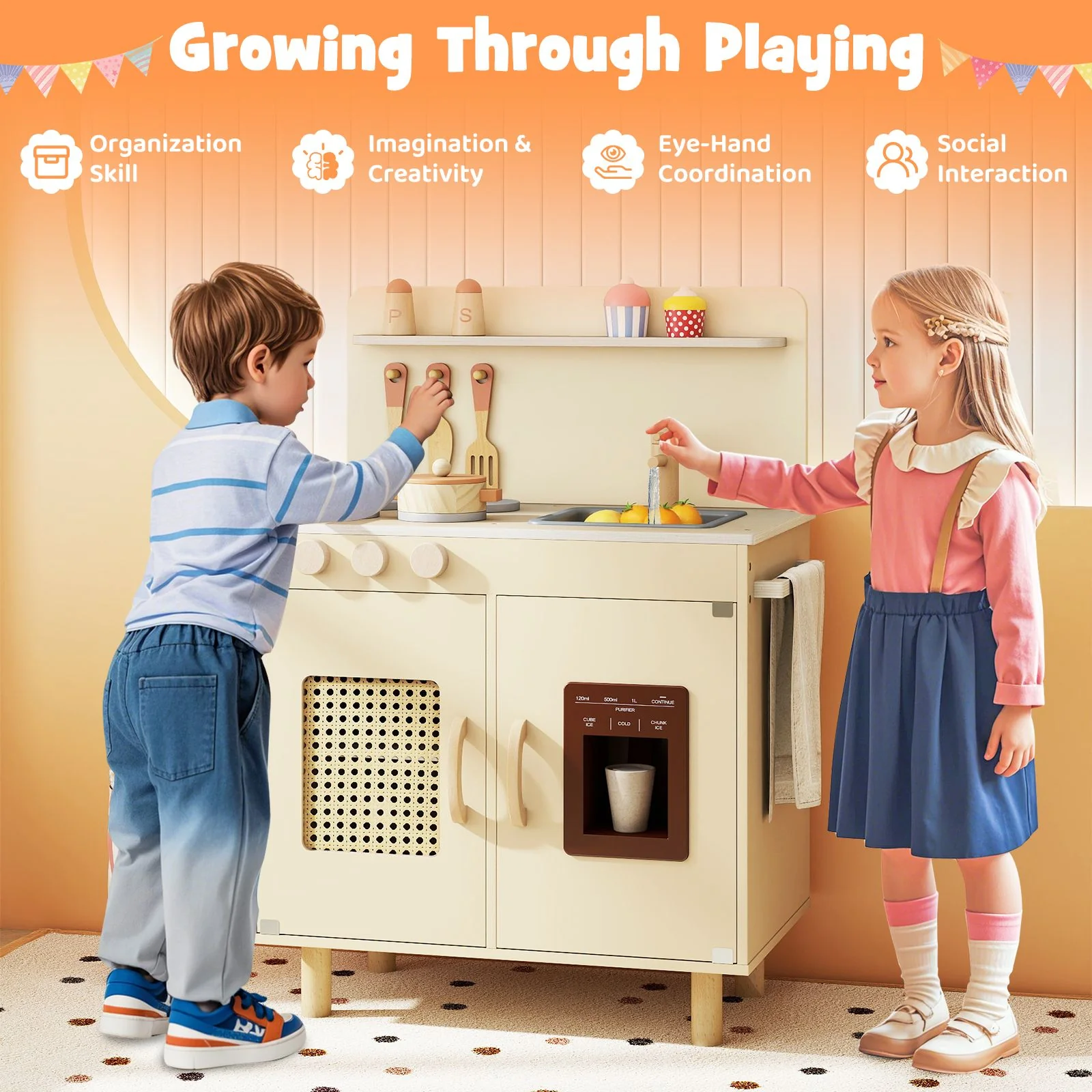 Wooden Pretend Kitchen Playset with Realistic Ice Maker and Accessories - Image 4