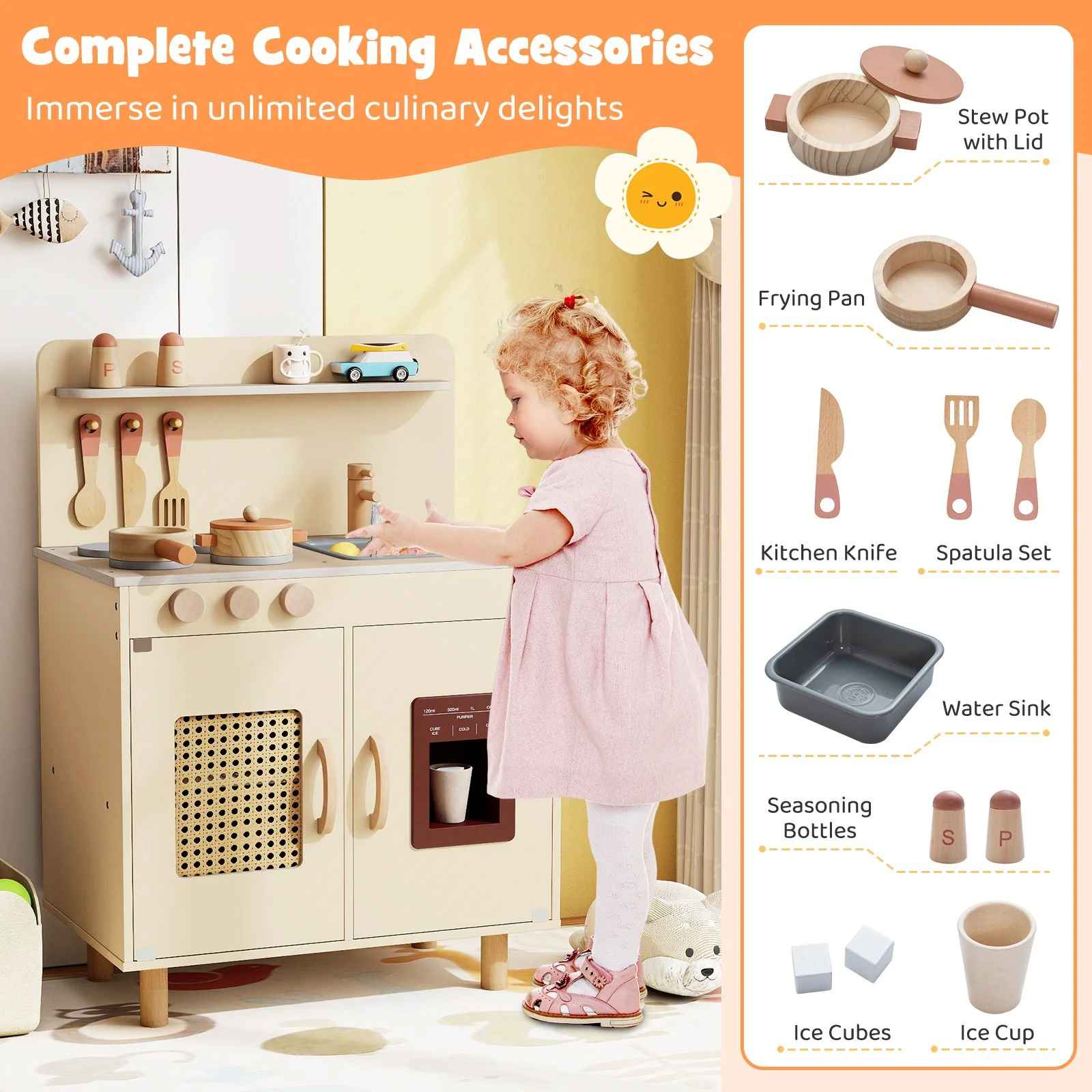 Wooden Pretend Kitchen Playset with Realistic Ice Maker and Accessories - Image 5