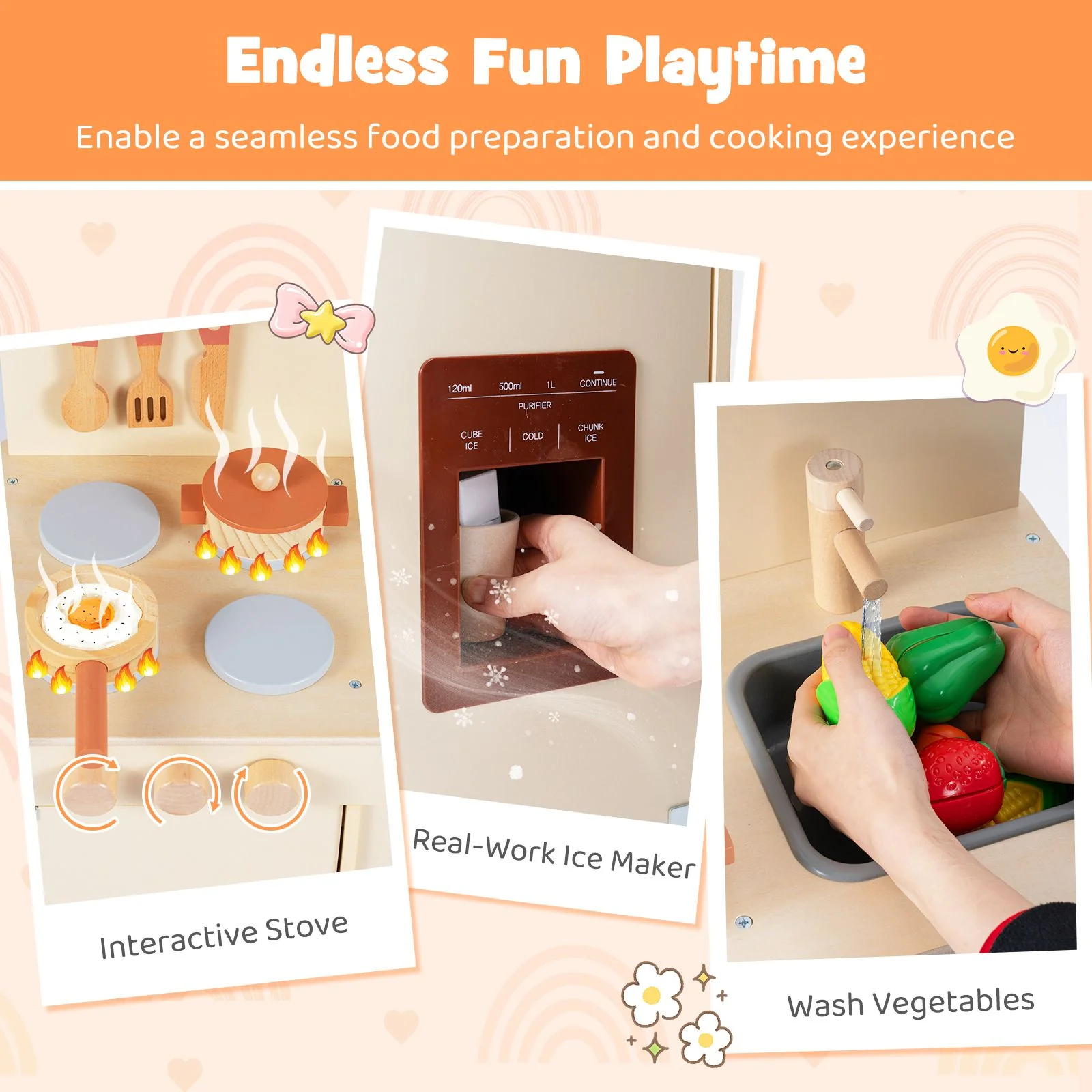 Wooden Pretend Kitchen Playset with Realistic Ice Maker and Accessories - Image 6