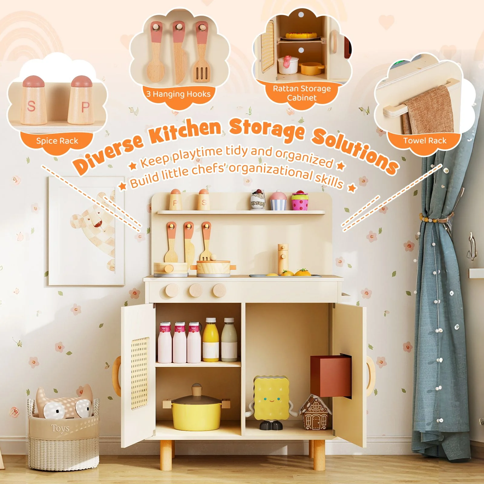 Wooden Pretend Kitchen Playset with Realistic Ice Maker and Accessories - Image 7
