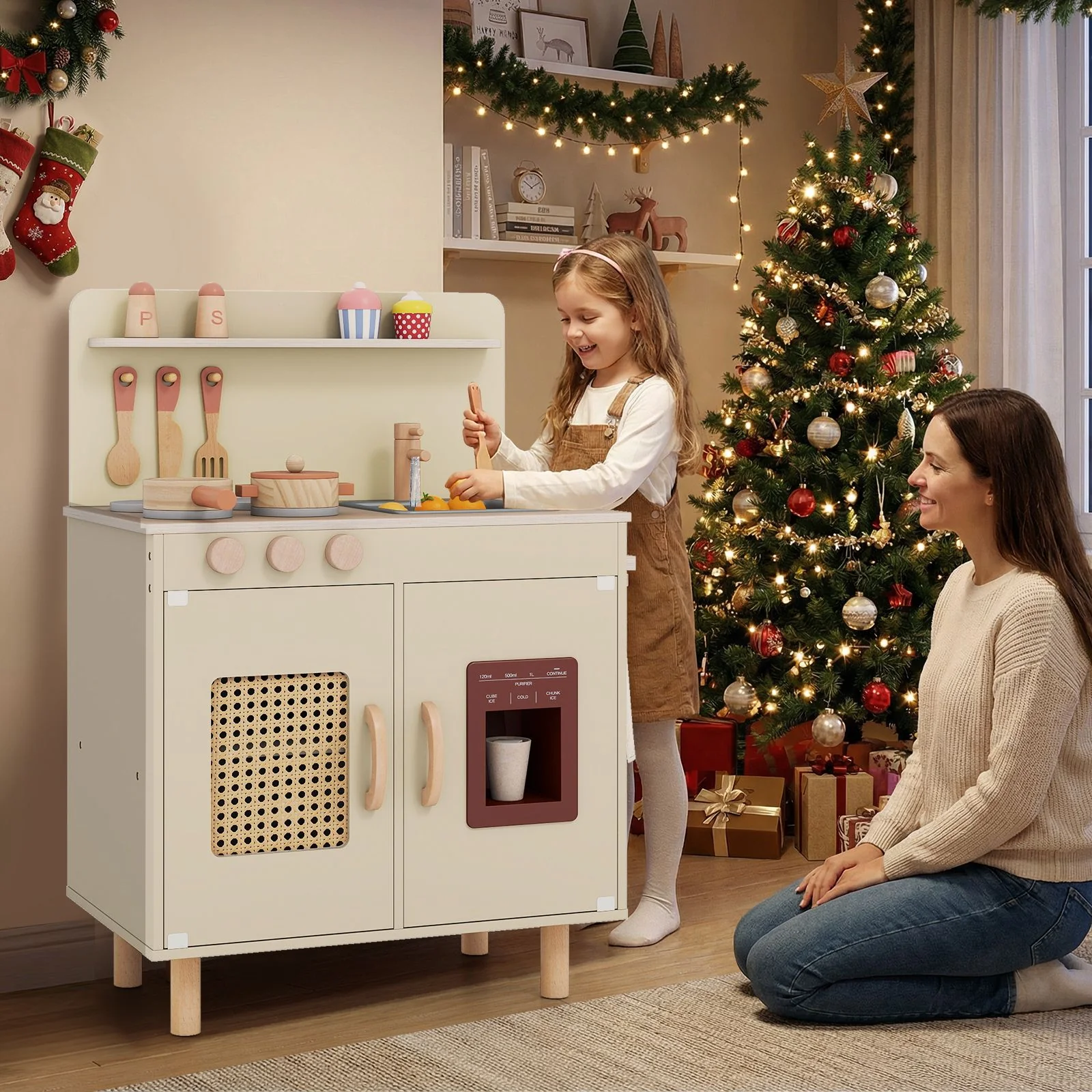 Wooden Pretend Kitchen Playset with Realistic Ice Maker and Accessories - Image 9