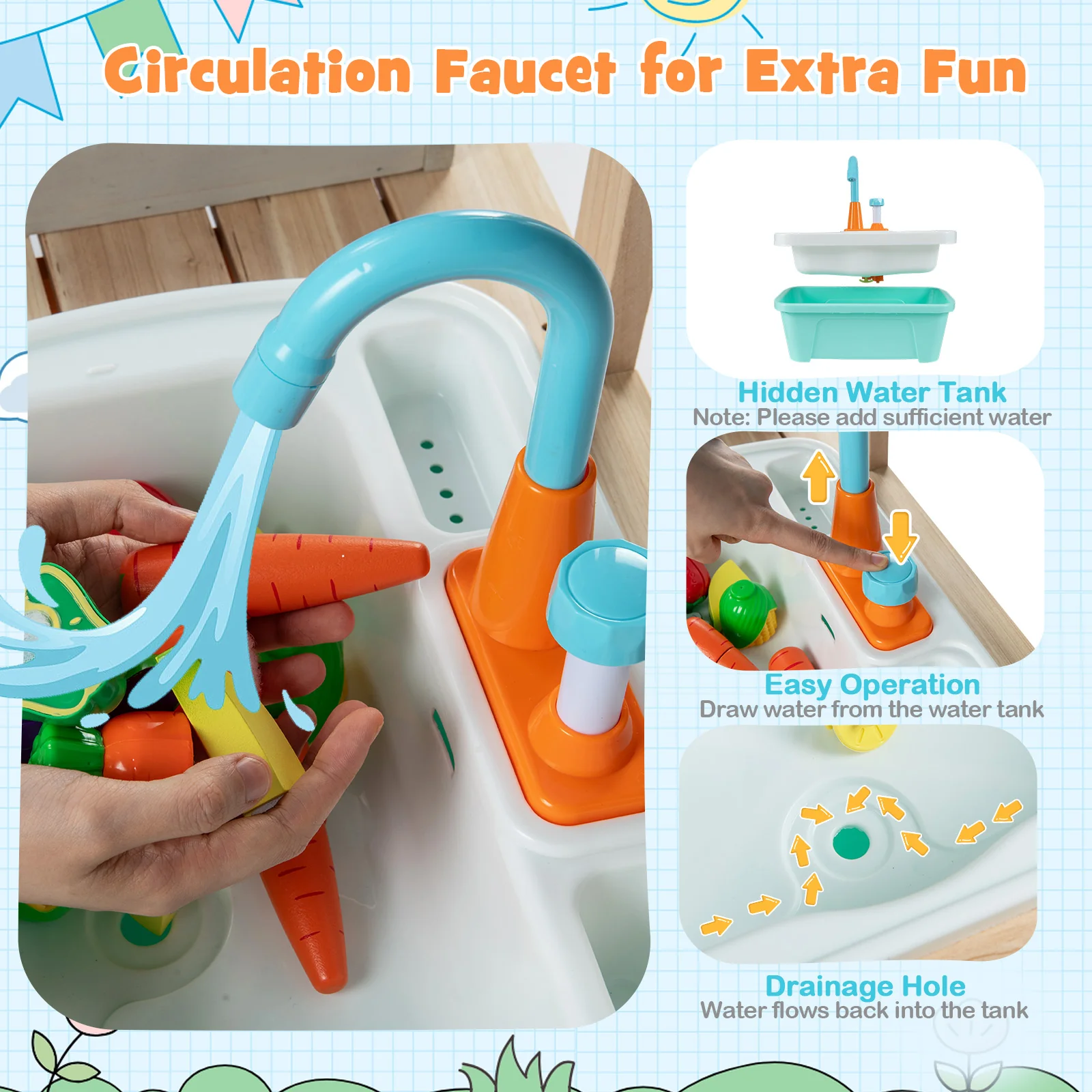 Wooden Toy Kitchen Playset with Removable Sink and Circulation Faucet - Image 5