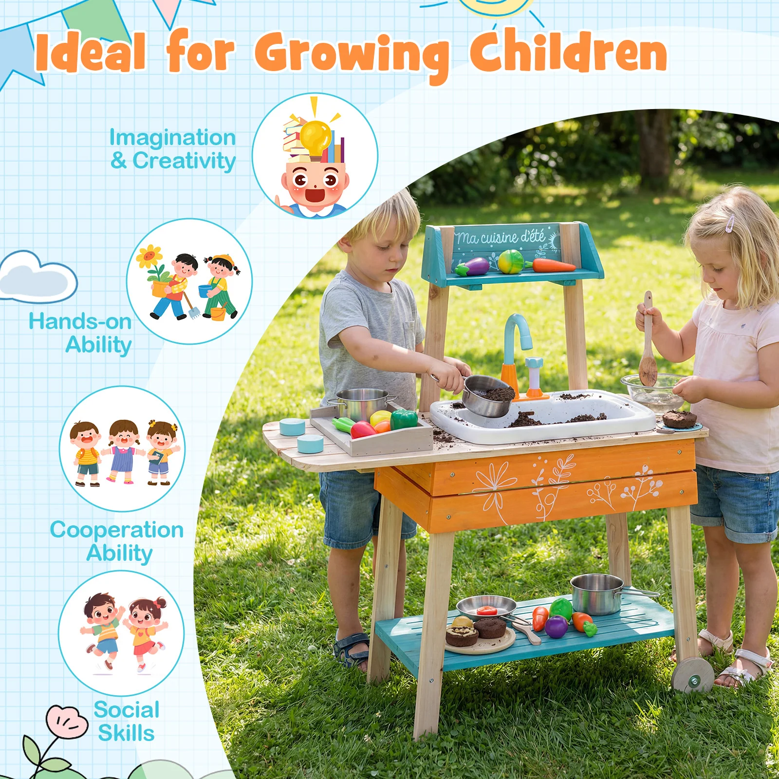 Wooden Toy Kitchen Playset with Removable Sink and Circulation Faucet - Image 9